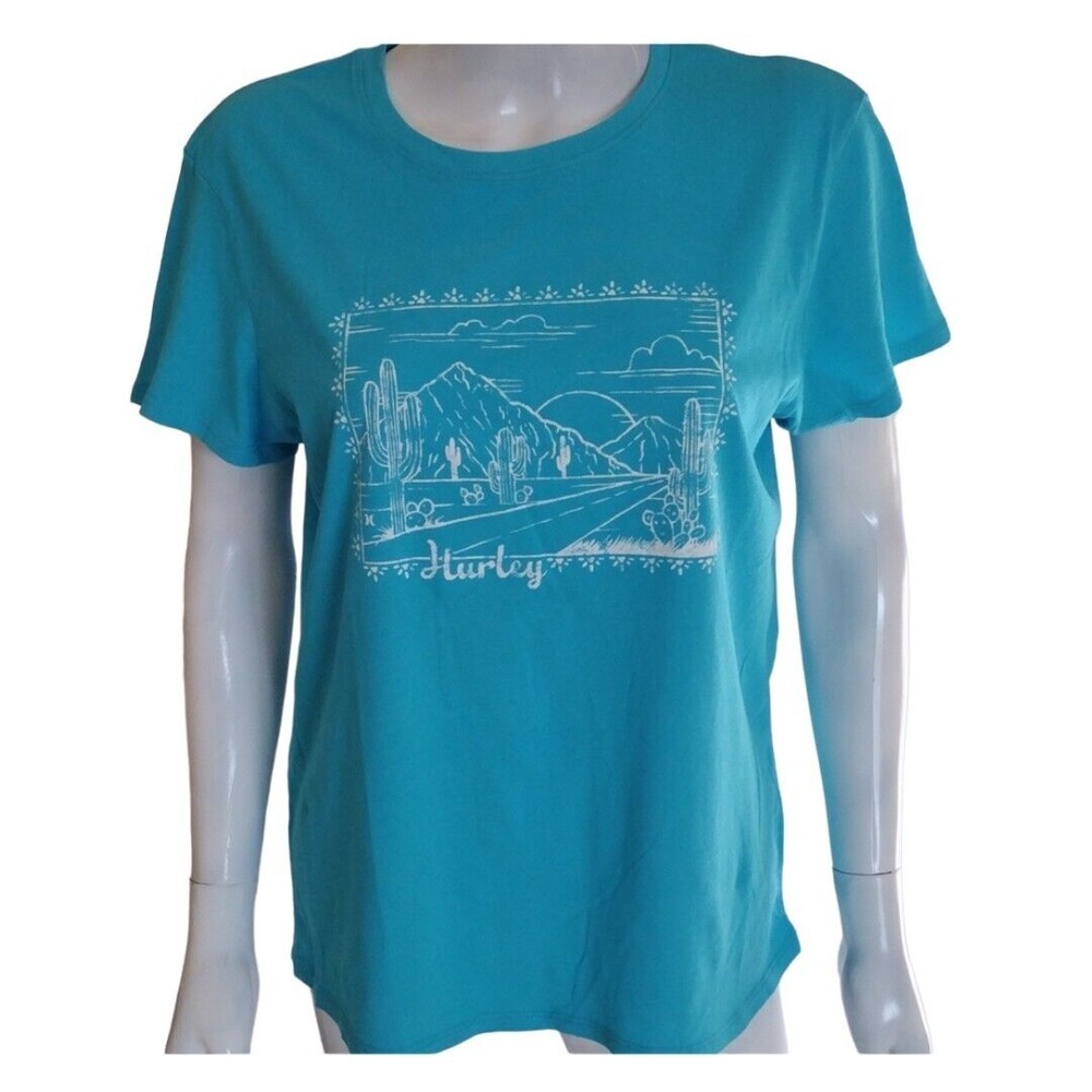 Hurley T shirt Women's M Blue‎ Graphic Panoramic Cactus Short Sleeves Crew Neck